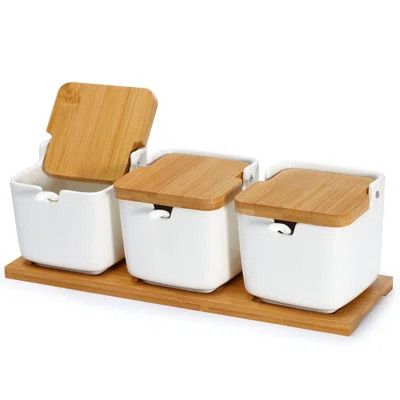 Set Of 3 Porcelain Sugar Bowl, 8.8 Fl Oz Condiment Pots With Spoons Bamboo Flip Lids Labels, Spice Salt Tray Serving For Home Kitchen | Wayfair North America