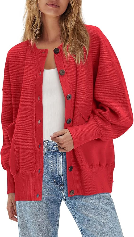 ReachMe Womens Fall Oversized Sweatshirt Cardigan Button up Lightweight Cardigan Long Sleeve Open... | Amazon (US)