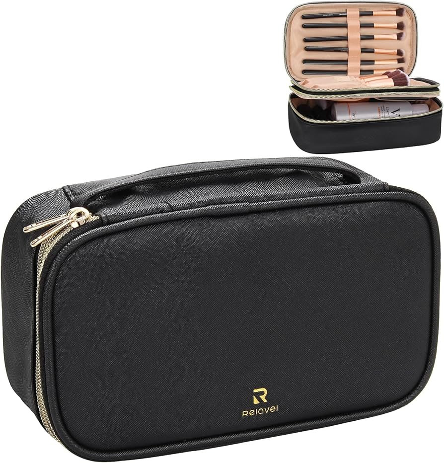 Makeup Brush Cosmetic Organizer Portable 2 layer Small Makeup Pouch with Carry Handle for Travel ... | Amazon (US)