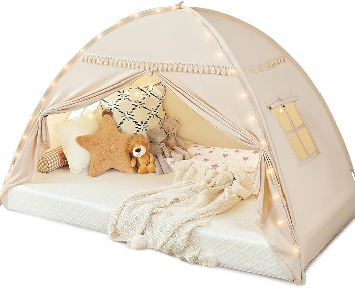 Toddler Canopy Lights & Flags Indoor Floor Bed Kids Tent Playhouse Portable & Foldable Twin Bunk ... | Amazon (US)