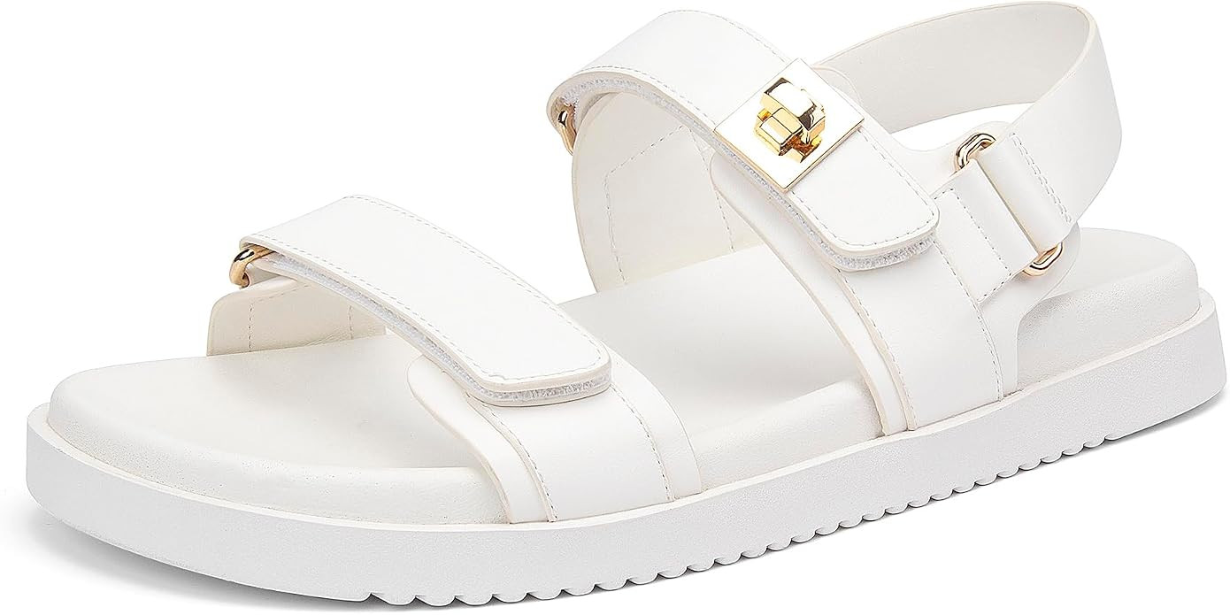 Women's Flat Sandals Adjustable Double Strap Slide Sandals Open Toe Slip on Shoes Resistant Leath... | Amazon (US)