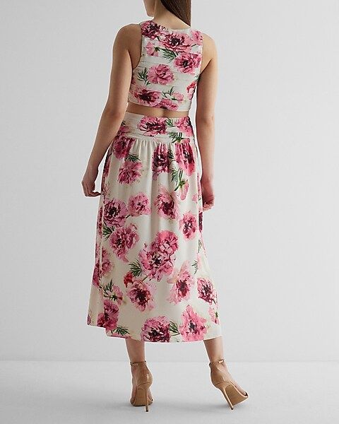 Floral High Neck Pleated Cutout Maxi Dress | Express