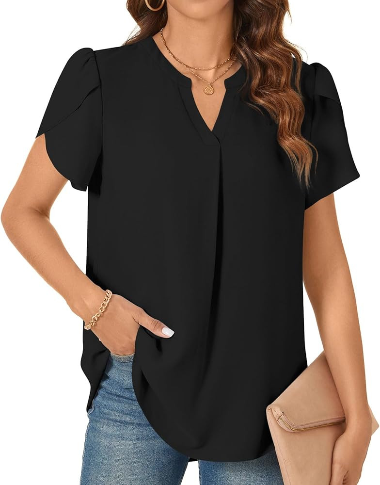TAOHUADAO Womens Dressy Chiffon Blouses Summer Casual T-Shirts Petal Short Sleeve V Neck Tunic To... | Amazon (US)
