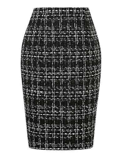 Black Pencil Skirt for Women Fall Winter Tweed Wool Plaid Midi Black Skirt with Slit, Tweed Black, L | Amazon (US)