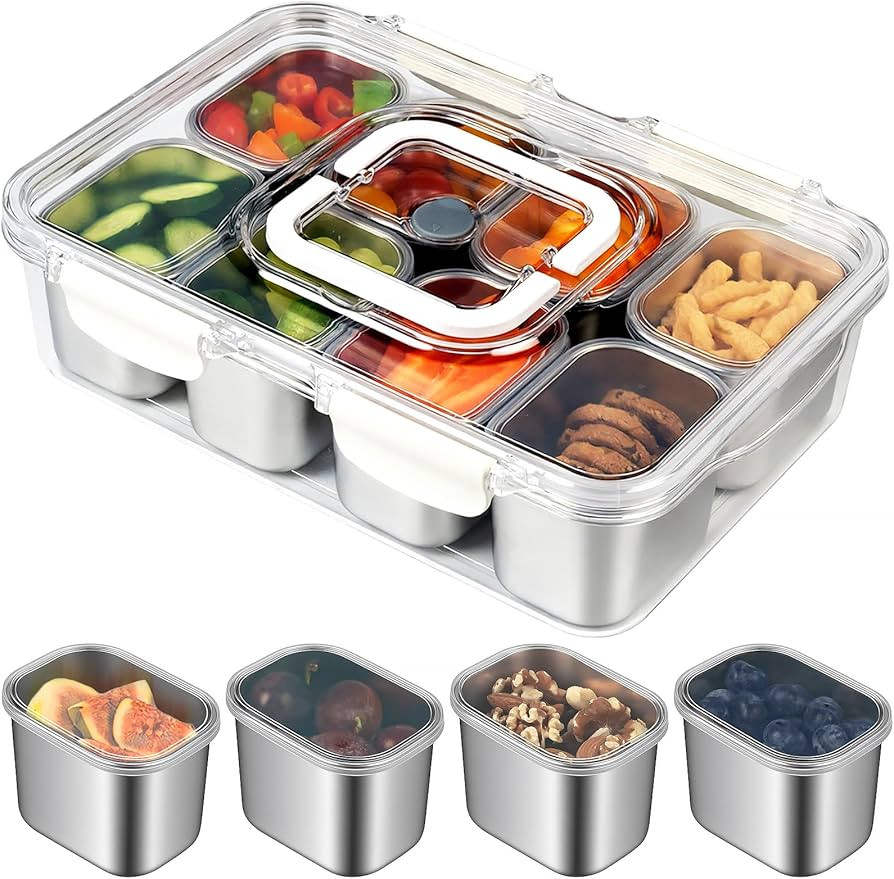 Snackle Box Container, Stainless Steel Divided Serving Tray with Lid and Handle, 8 Compartment Po... | Amazon (US)