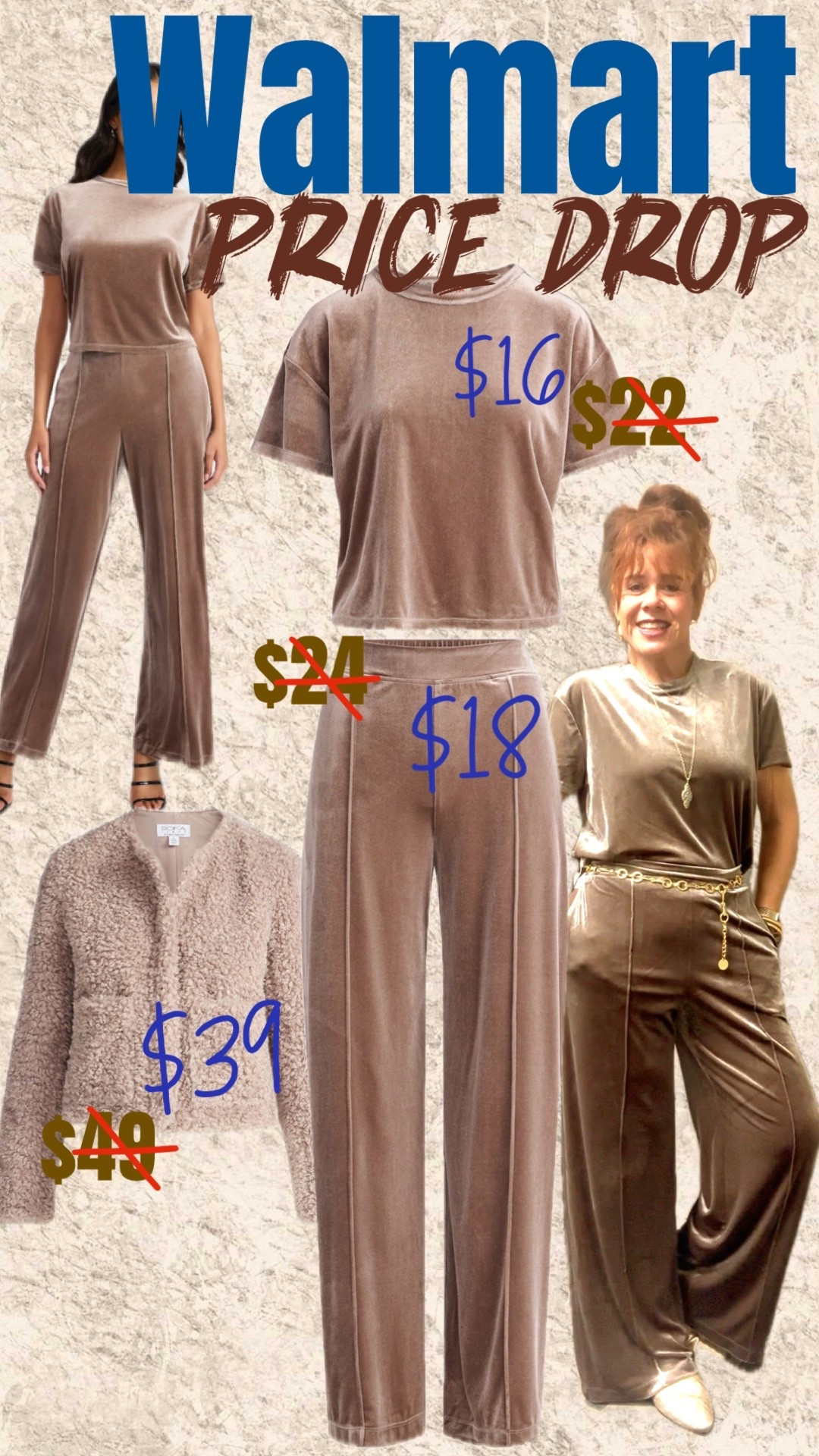 Walmart Rollback 
Price Drop 
Sofia Vergara lounge set 
Velour lounge set
Wide leg pants
Tan wide leg velour pants 
Athleasure set 
PoppieMichelle 

#LTKSaleAlert #LTKWorkwear #LTKHoliday