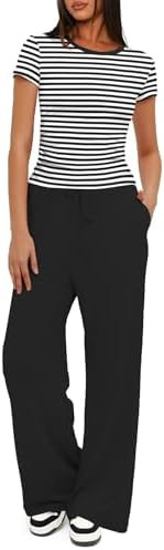 Darong Women's 2 Piece Set Outfits Lounge Sets Ruched Short Sleeve Tops High Waisted Wide Leg Pan... | Amazon (US)