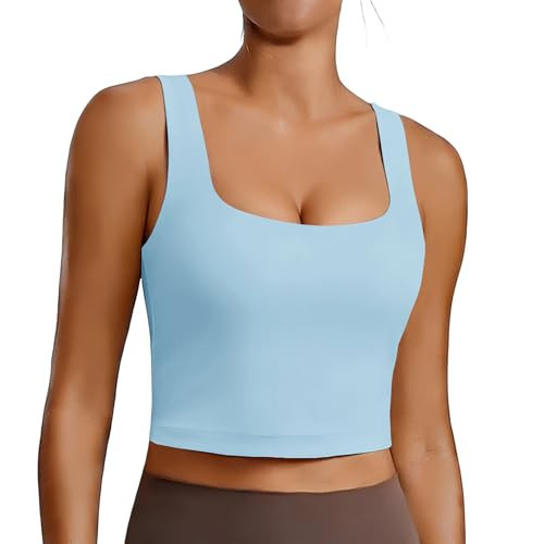 PINSPARK Women's Sports Bras Workout Bras for Women Square Neck Padded Tennis Yoga Tops Built in Bra Longline Sports Bra X-Small,Demin Blue | Amazon (US)