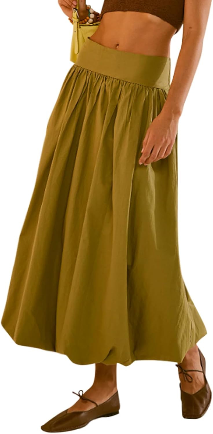 Women Y2k Bubble Maxi Skirt Summer Elastic Low Waist A Line Long Skirt Casual Fairy Ruffle Pleated Midi Dress | Amazon (US)