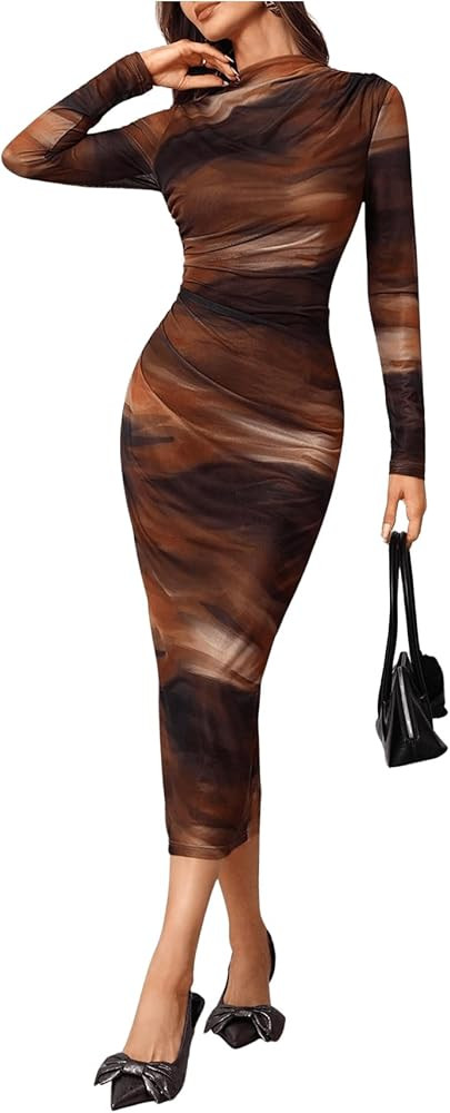 Floerns Women's Tie Dye Sheer Mesh Long Sleeve Ruched Mock Neck Bodycon Midi Dress | Amazon (US)