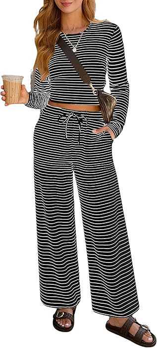Lazysmile Lounge Sets For Women Casual Striped 2 Piece Outfits Long Sleeve Tops and Wide Leg Pant... | Amazon (US)