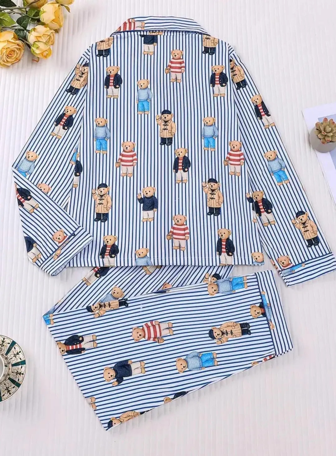 2pcs Women's Pajama Set - Cute Bear Print Pajamas with Collar Button-Front Shirt & Elastic Waist ... | Etsy (US)