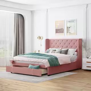 Pink Wood Frame Queen Storage Bed Velvet Upholstered Platform Bed with Wingback Headboard and Dra... | The Home Depot