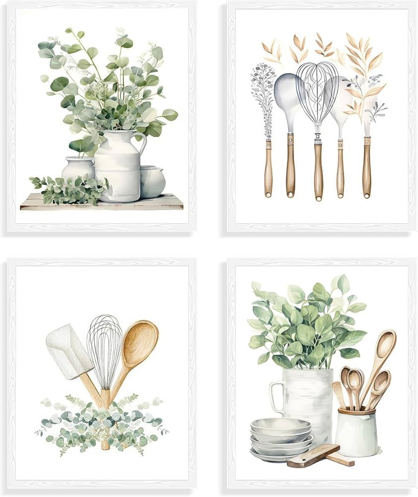 4 PCS Botanical Kitchen Wall Art Poster Sage Green Eucalyptus Leaves Prints, Boho Plant Wall Pict... | Amazon (UK)