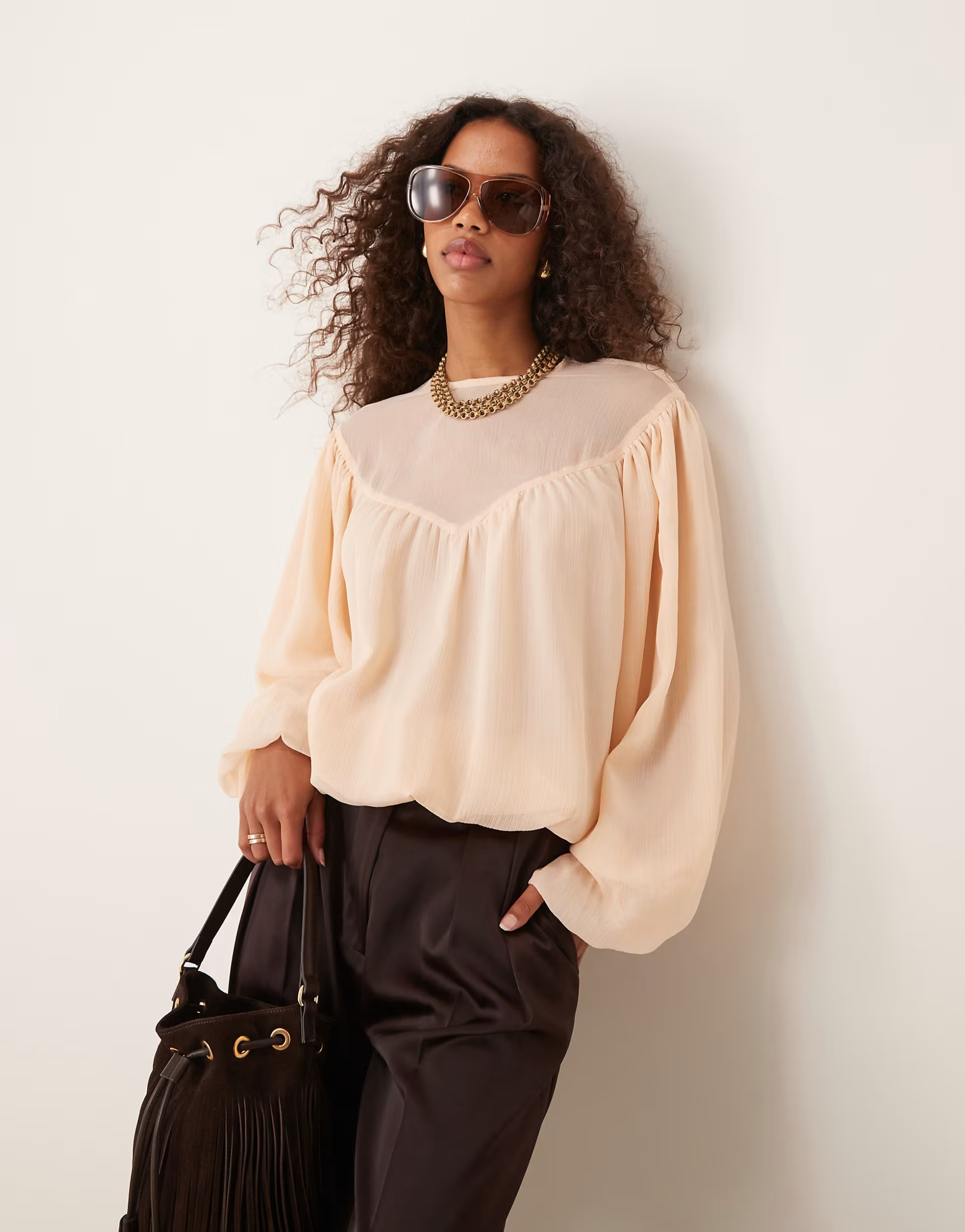 ASOS DESIGN bubble hem top with sheer yoke detail in cream | ASOS (Global)