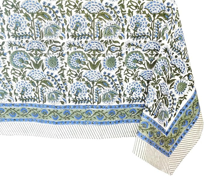 ATOSII Clover Blue 100% Cotton Rectangle Fall Tablecloth, Handblock Floral Linen Table Cloth for ... | Amazon (US)