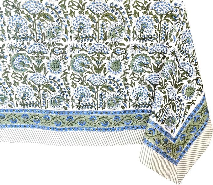 ATOSII Clover Blue 100% Cotton Rectangle Fall Tablecloth, Handblock Floral Linen Table Cloth for ... | Amazon (US)