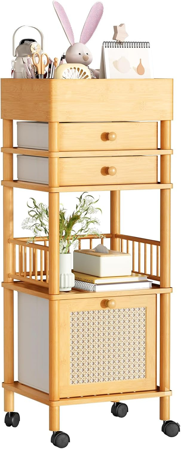 Bamboo Makeup Organizer Cart with 3 Drawers, Floor Skin Care Storage for Bathroom Bedroom, Rolling Vanity Organizer Cart for Cosmetic, Nail Polish, Perfume and Hair Tools | Amazon (US)