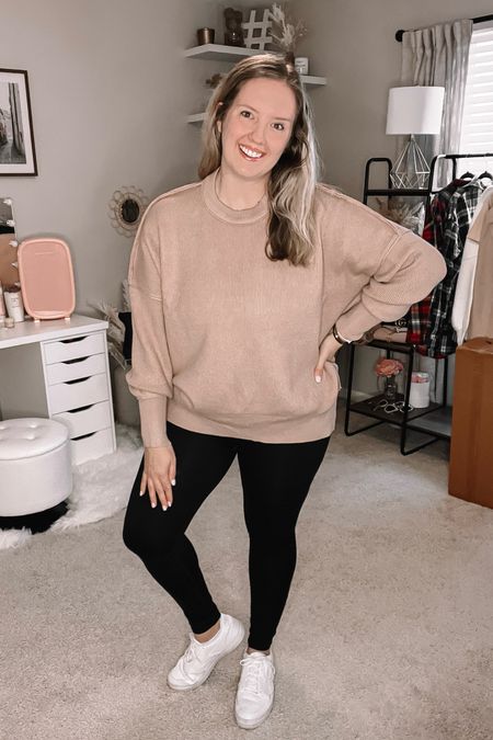 Ribbed knit oversized sweater with black leggings and white tennis shoes.

Spring outfit / athleisure / spring sweater

#LTKActive #LTKmidsize #LTKSeasonal