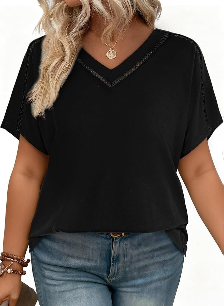 Eytino Womens Plus Size Tops V Neck Short Sleeve Casual Loose Blouses Hollow Out Summer Shirts(1X... | Amazon (US)