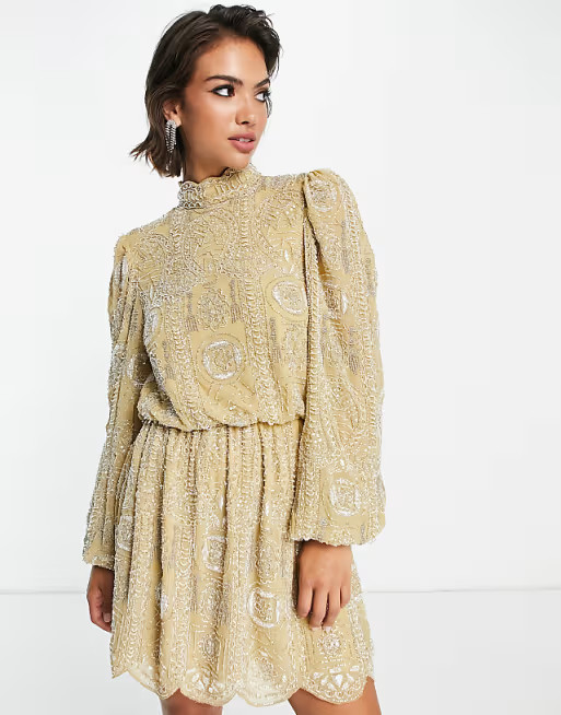 ASOS EDITION pretty embellished mini skater dress in buttermilk | ASOS (Global)