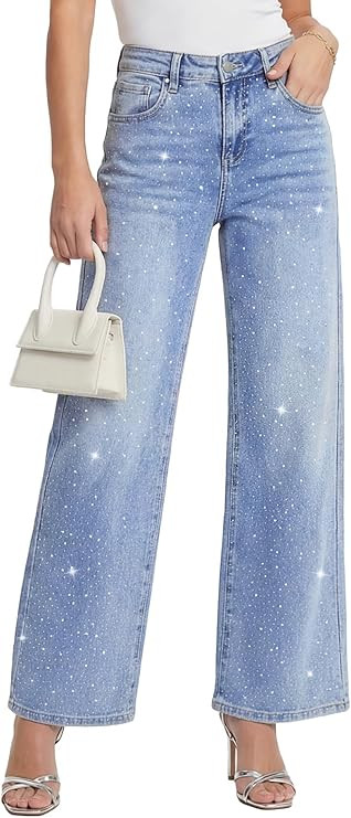Kedera Straight Leg Jeans Rhinestone High Waisted Pearl Boyfried Denim Pants Y2K Sparkly Bling Gl... | Amazon (US)
