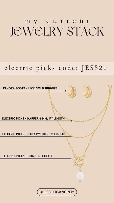 current jewelry stacks, gold layered necklaces, gold huggies, electrics picks, kendra scott, everyday wear, electric picks code: JESS20 for 20% off

#LTKbeauty #LTKunder100 #LTKstyletip