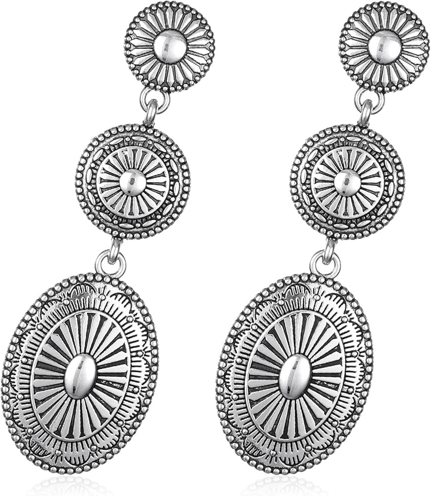 Silver Western Earrings for Women, Vintage Cowgirl Cowboy Western Silver Earrings, Oval Concho Dr... | Amazon (US)