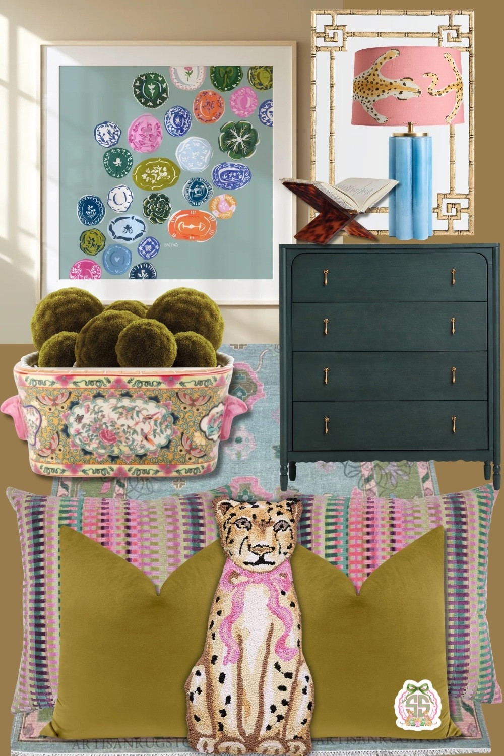 Colorful, collected, and full of personality 💕🐆 This room is proof that traditional style doesn’t have to play it safe. I’m loving the mix of olive green, blush pink, powder blue, deep teal, chinoiserie-inspired details, playful animal prints, and vintage-style accents. It’s giving grandmillennial meets eclectic Southern charm in the best way.

From the statement lamp and bamboo-style mirror to the floral planter, patterned rug, velvet pillows, and leopard accent pillow, these pieces are perfect for creating that layered, designer look without making a room feel too serious.

Shop the look for colorful home decor, grandmillennial decor, traditional home decor, eclectic interiors, Southern style decor, chinoiserie decor, maximalist decor, designer-inspired home finds, colorful throw pillows, decorative lamps, statement mirrors, patterned rugs, unique home accessories, bedroom decor, living room decor, and affordable home finds. 💗

#LTKHome #LTKFinds #LTKStyleTip #HomeDecor #HomeDecorInspo #InteriorDesign #InteriorDesignInspo #Grandmillennial #GrandmillennialStyle #GrandmillennialDecor #TraditionalHome #TraditionalDecor #NewTraditional #SouthernStyle #SouthernHome #SouthernDecor #EclecticDecor #EclecticHome #MaximalistDecor #ColorfulHome #ColorfulInteriors #Chinoiserie #ChinoiserieDecor #DesignerInspired #CollectedHome #LayeredInteriors #PatternPlay #DopamineDecor #PreppyHome #StatementLighting #ThrowPillows #HomeFinds #AffordableHomeDecor

#LTKmomlife #LTKU #LTKHome