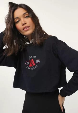 Blusa de Moletom Flanelada Cropped Fechada Forever 21 Los Angeles Preta | Dafiti (BR)