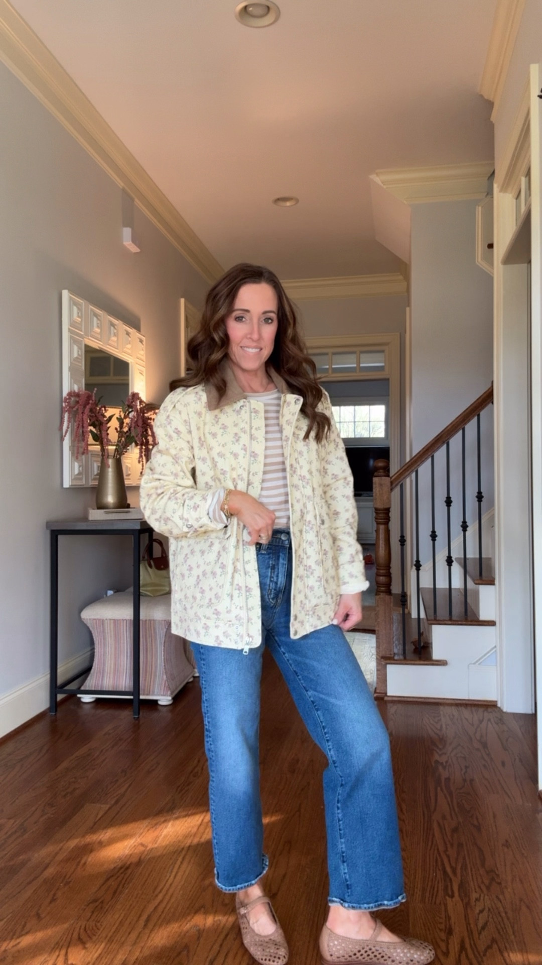 Floral field jacket. Butter yellow. Spring jacket. Mary Jane open weave sandals. 
Jacket XS. Tee XS. Jeans down 1 size, 24. Sandals TTS

#LTKSeasonal #LTKPetite #LTKOver40