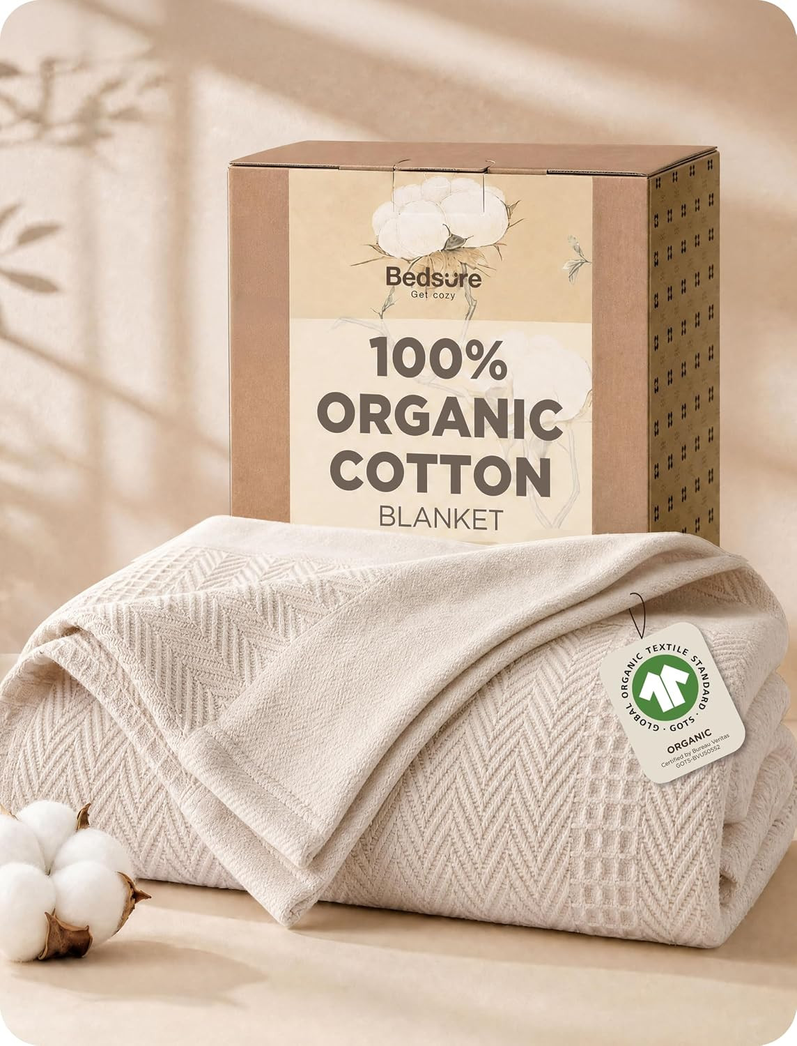 Bedsure PureWoven 100% Organic Cotton Waffle Luxury Blanket, Queen, Beige | Amazon (US)