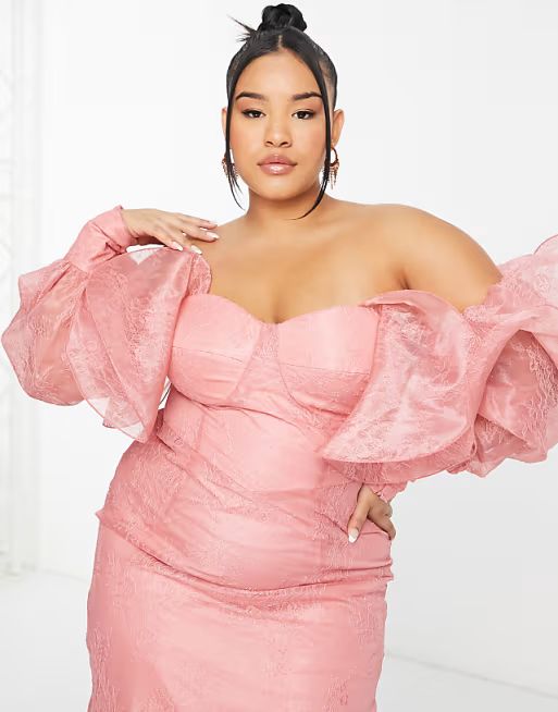 ASOS LUXE Curve wire bardot lace midi dress in pink | ASOS | ASOS (Global)