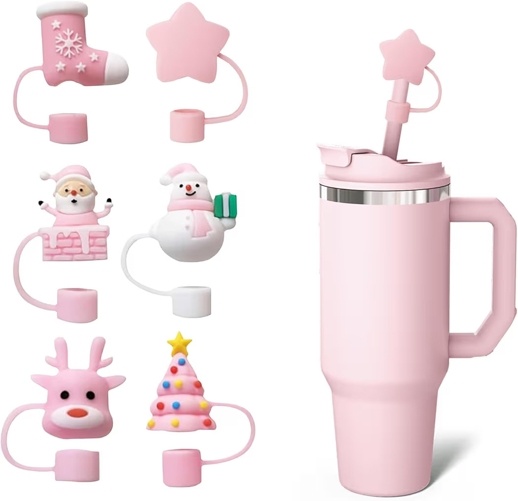 6PCS Christmas Silicone Straw Toppers for Stanley Cup, 10mm Dust-Proof Reusable Straw Covers Cap ... | Amazon (US)