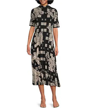 JOHNNY WAS The Janie Favorite Short Sleeve Seamed Mock Neck Printed Midi Dress | Dillard's | Dillard's