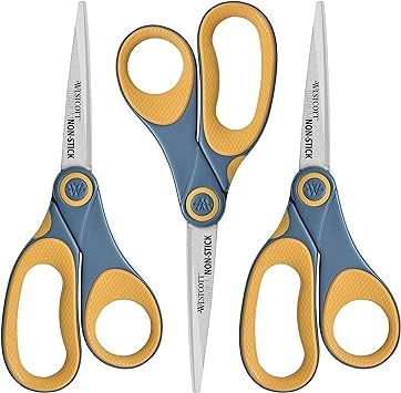 Westcott 15454 8" Titanium Non-Stick Straight Scissors, 3 Pack, Gray/Yellow | Amazon (US)