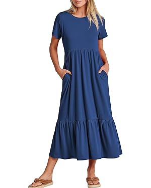 ANRABESS Women's Summer Casual Short Sleeve Crewneck Swing Dress Flowy Tiered Maxi Beach Dress wi... | Amazon (US)