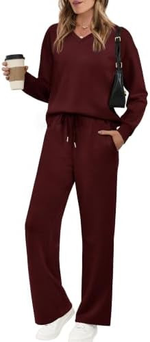 WIHOLL Lounge Sets for Women 2026 V Neck 2 Piece Outfits Airport Wide Leg Pants Matching Set Swea... | Amazon (US)