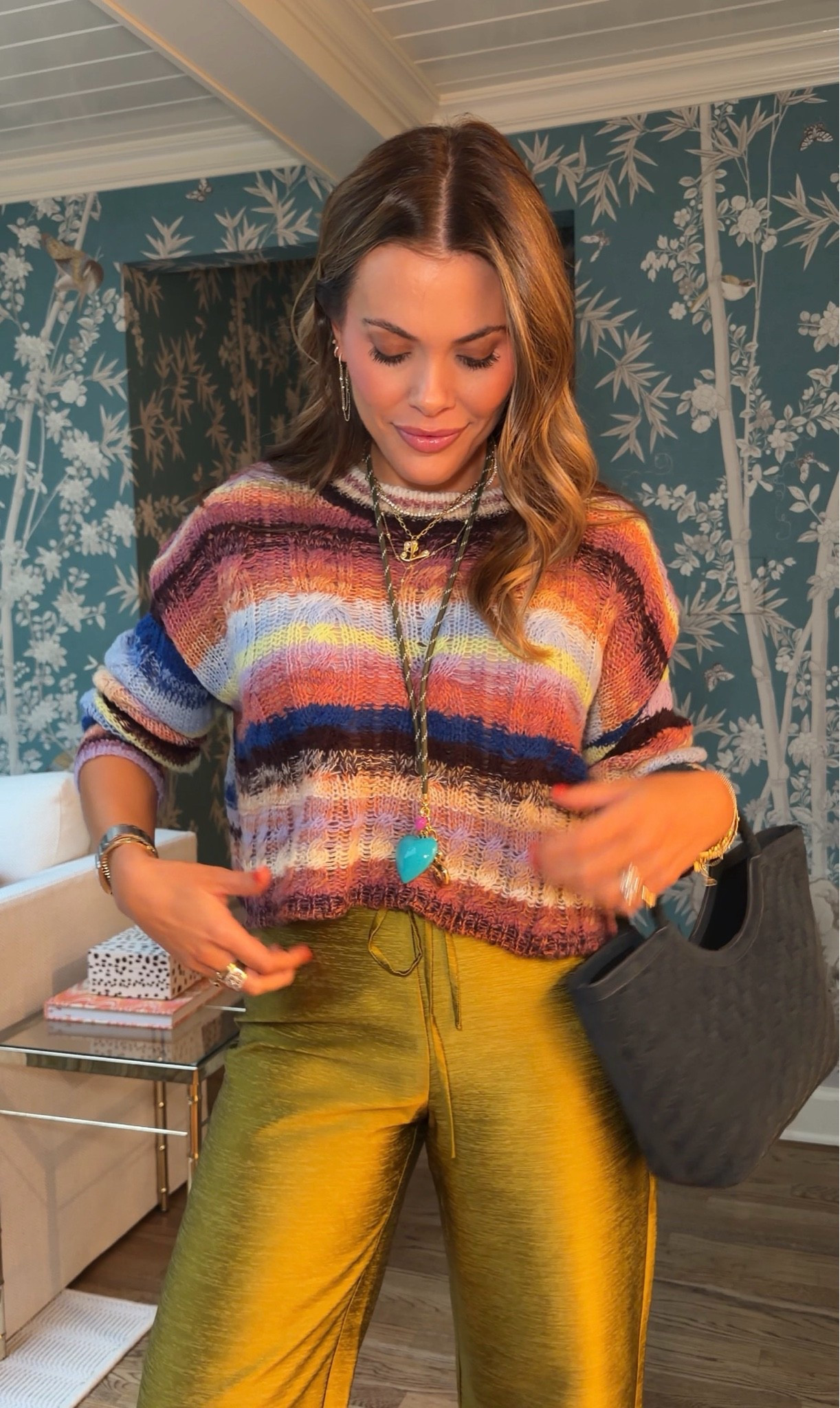 This colorful weather goes with everything!! Love it with these pants for a colorful fall outfit — wearing xsmalls