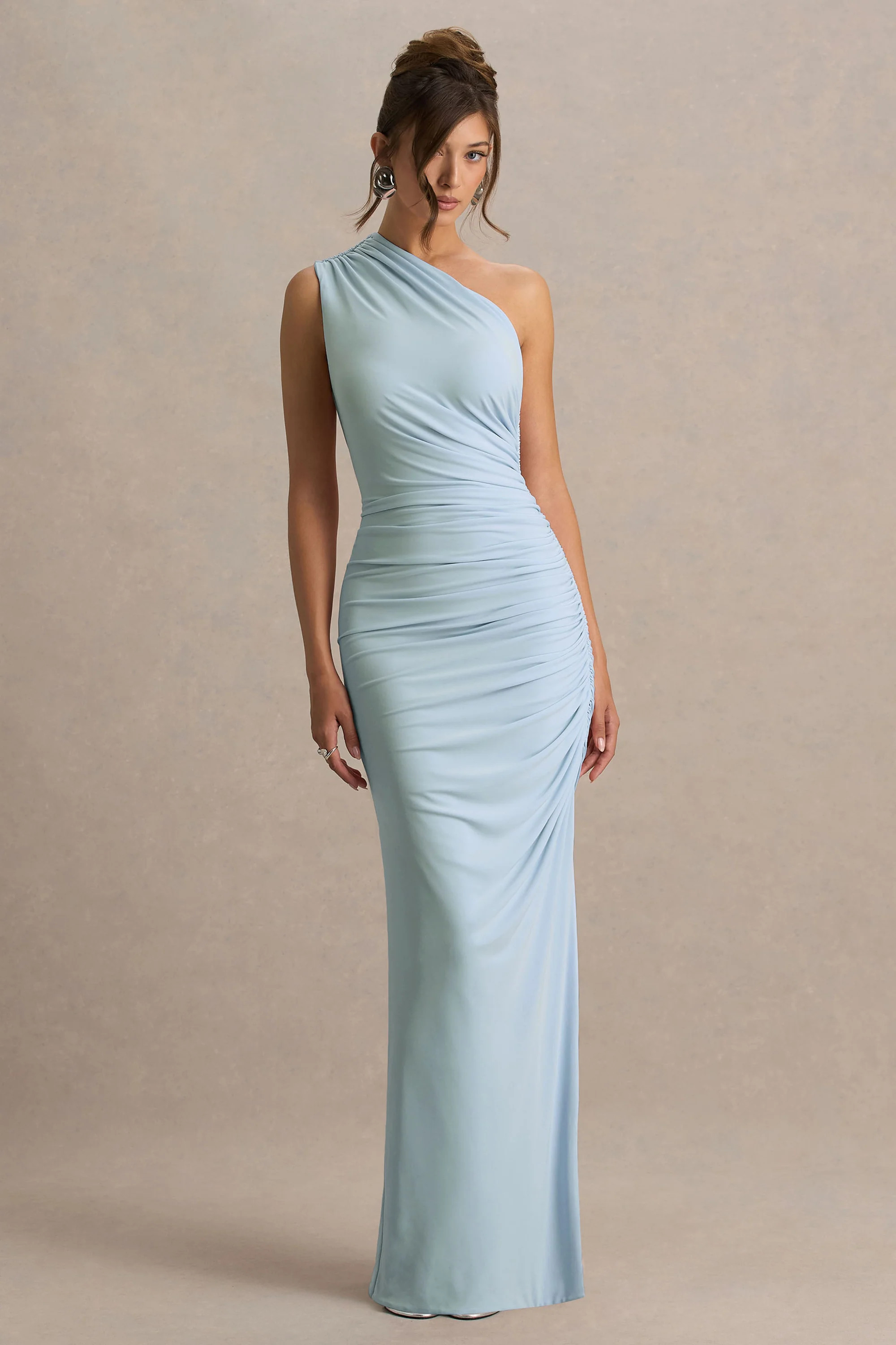 Daphne | Powder Blue Asymmetric-Neck Maxi Dress With Ruched Detailing | Club L London