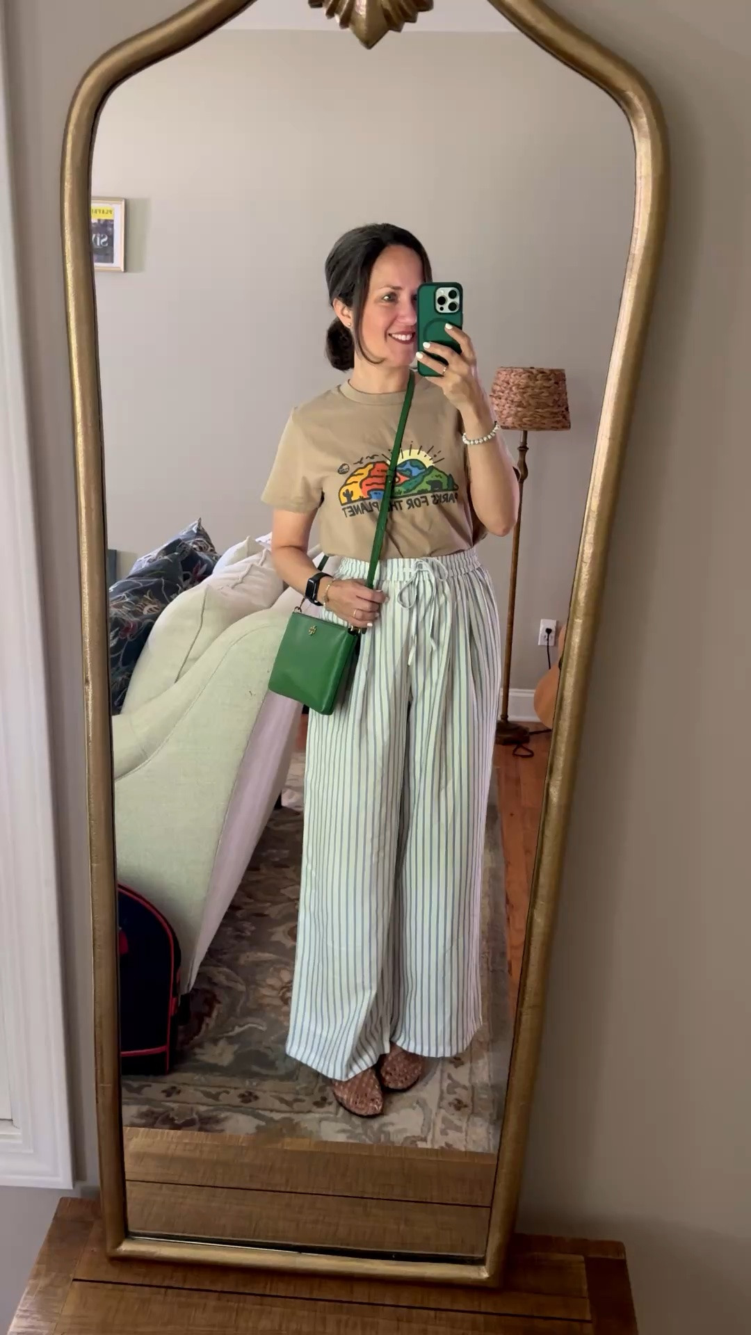 Casual mom on the go ootd today! National Parks graphic t-shirt, wide leg striped pants from Amazon, Tory Burch crossbody and Dolce Vita jam jelly flats.

#LTKdayinmylife #LTKmomlife #LTKOver40