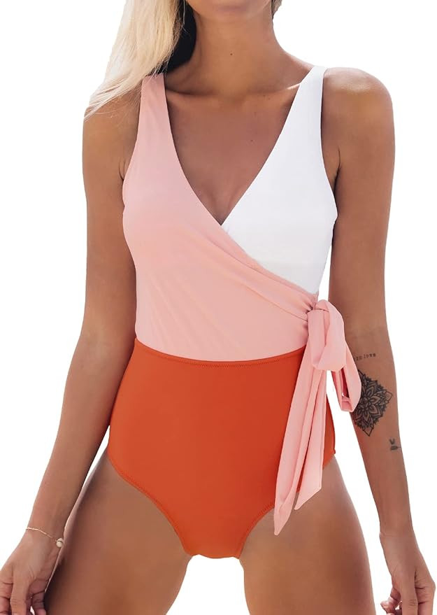 CUPSHE Women's One Piece Swimsuit Wrap Color Block Tie Side Bathing Suit | Amazon (US)
