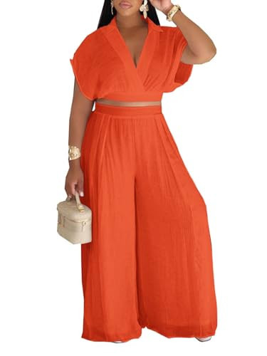 KEYUFANG Women 2 Piece Outfits Crop Top Wide Leg Pants Sets Orange XL | Amazon (US)