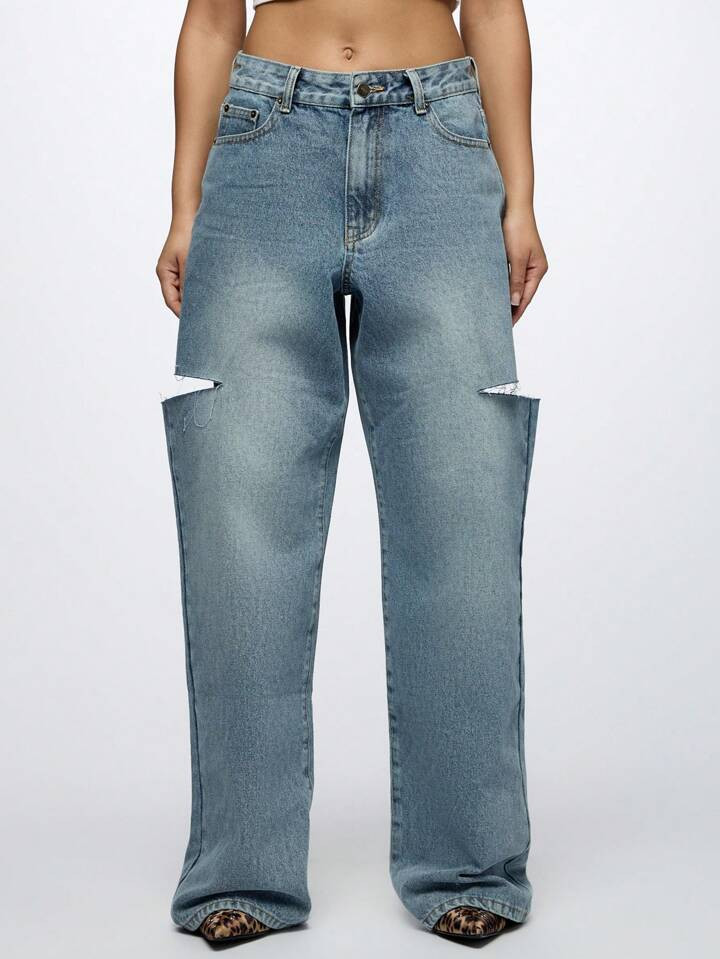 SUMWON WOMEN Designer Loose Fit Ripped Knee Wide Leg Jeans Y2K Style Vintage Inspired High Rise Full Length Denim Pants Distressed Street Fashion Fall Winter | SHEIN