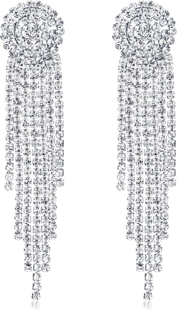 Bcrown Cubic Zirconia Long Chandelier Tassel Dangle Earrings for Women - Sparkly Simulated Diamon... | Amazon (US)