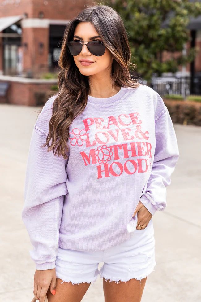 Peace Love and Motherhood Lilac Corded Graphic Sweatshirt | The Pink Lily Boutique