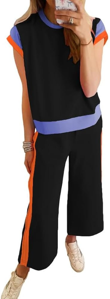 SHEWIN Women's 2 Piece Lounge Sets Casual Short Sleeve Pullover Tops Matching Wide Leg Pants Trac... | Amazon (US)