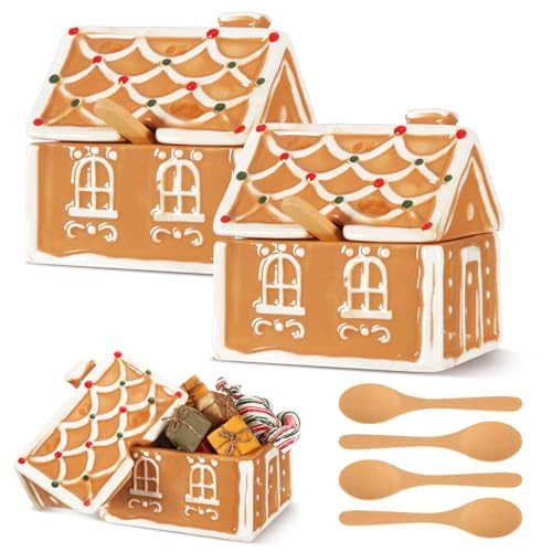 Honeydak 2 Pack Ceramic Gingerbread House Cookie Sugar Bowl with 5" Spoons Christmas Candy Storage Jar with Lid Baking Pantry Organizer Holiday Decor Gift Set, 4.3 x 3.5 x 4.3 Inch | Amazon (US)