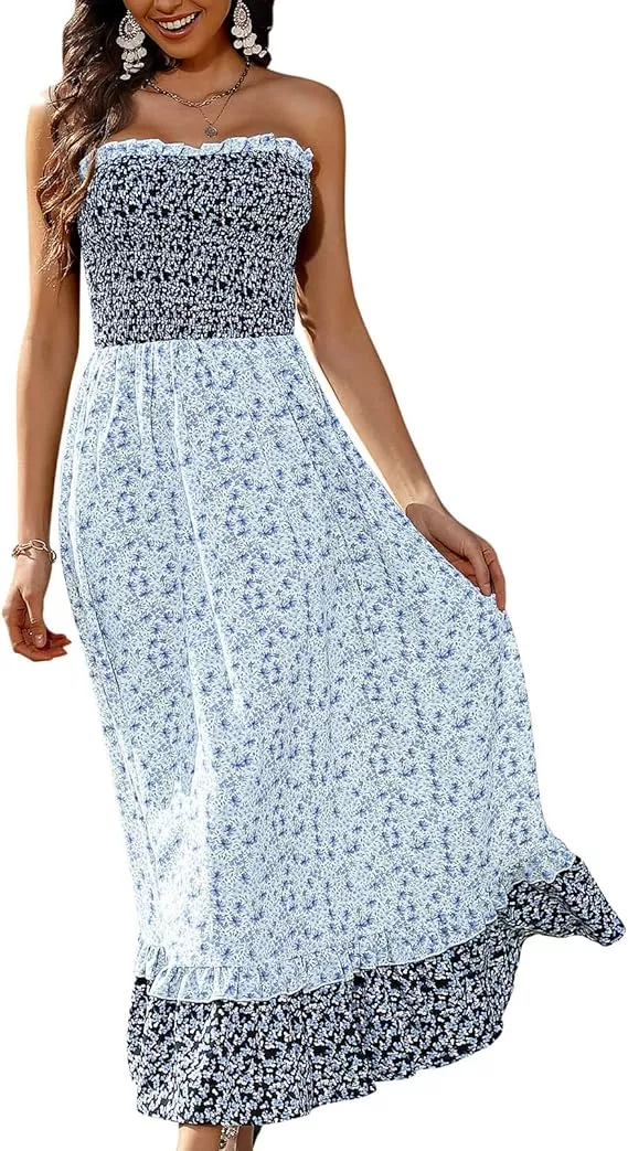 R.Vivimos Womens Summer Cotton Floral Print Strapless Boho Beach Casual  Midi Tube Dresses