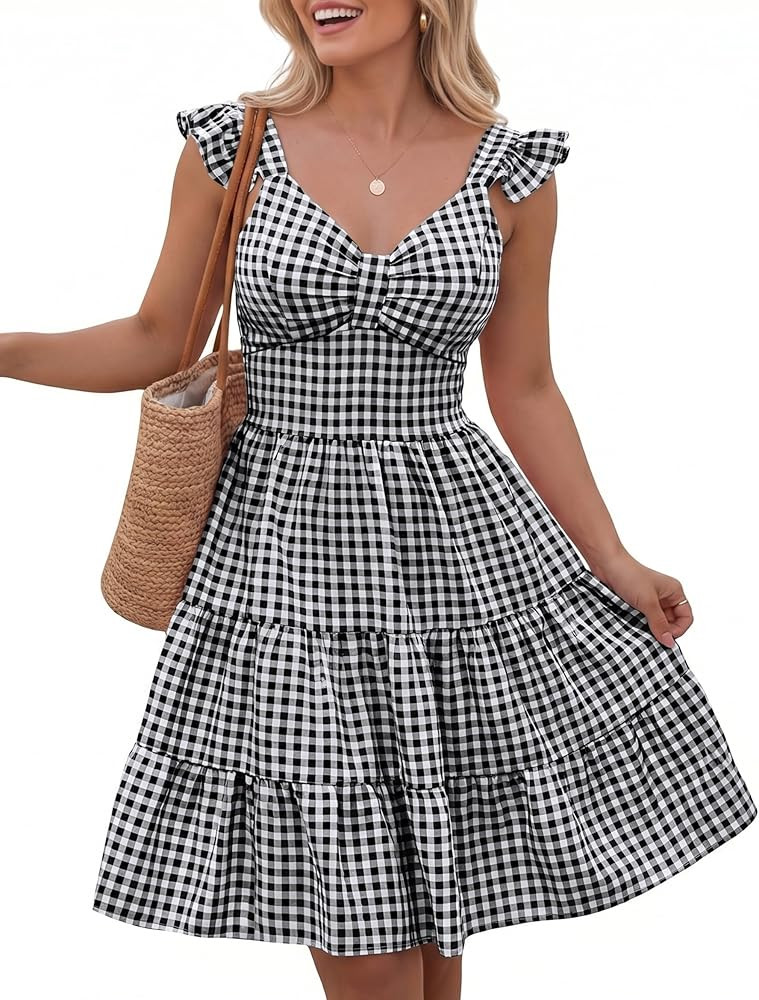 FOMELY Gingham Dress Women V Neck Flowy Summer Plaid Mini Dress 2026 | Amazon (US)